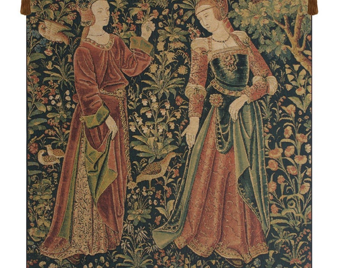Medieval European Promenade Wall Tapestry - Woven Millefleurs Gobelin Hanging - Green Floral Art Decor