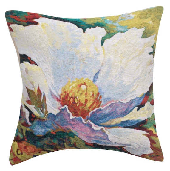 Simon Bull Floral Tapestry Pillow Cover: Belgian Woven Cotton Cushion (21x21 inch)