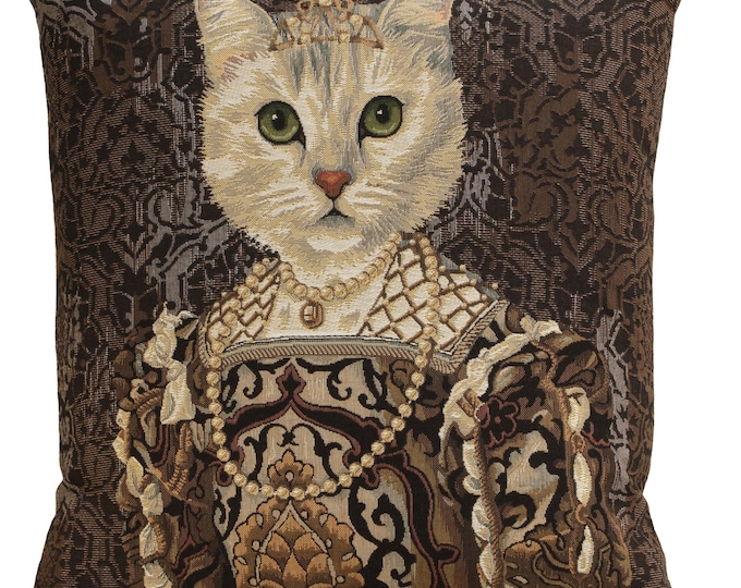 Royal Cat Tapestry Throw Pillow Cover: Belgian Woven Cotton Cushion (18x18)