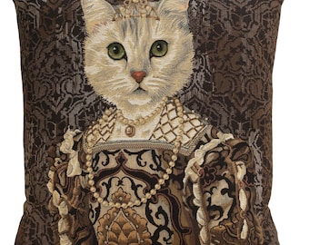 Royal Cat Tapestry Pillow Cover 18x18 - Belgian Woven Cushion Case with White Cat in Black Dress - Decorative Square Throw Pillow Covers