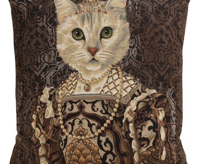 Royal Cat Tapestry Pillow Cover: Belgian Woven Cotton Cushion (18x18)