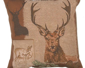 Deer Doe and Stag Tapestry Cushion Cover 19x19 Inch - French Woven Decorative Pillow Cover - Animal Art Throw Pillow for Couch