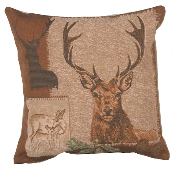 French Woven Deer Pillow Cover: Rustic Animal Art Throw Pillow (19x19 Inch)