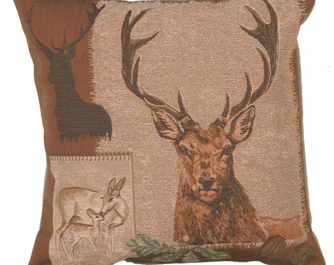 Deer Doe and Stag Tapestry Cushion Cover 19x19 Inch - French Woven Decorative Pillow Cover - Animal Art Throw Pillow for Couch