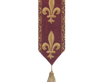 Fleur de Lys Belgian Tapestry Bell Pull 44x6 inch - Elegant French Royal Wall Hanging with Brass Hardware