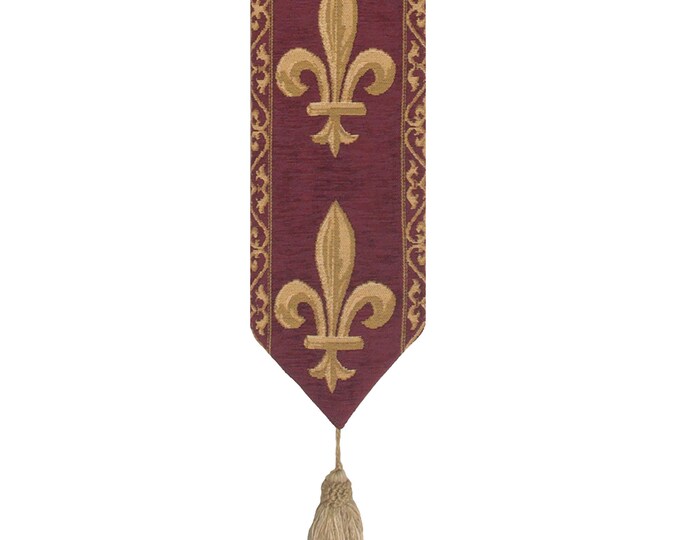 Fleur de Lys Belgian Tapestry Bell Pull 44x6 inch - Elegant French Royal Wall Hanging with Brass Hardware