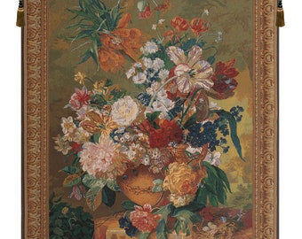 Terracotta Floral Bouquet Bright European Wall Tapestry - Floral Wall Décor Art - Flower Bouquet Wall Art - Red & White Floral Wall Hanging