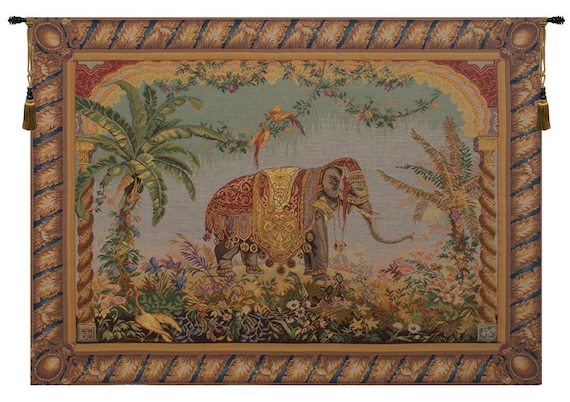 Elephant Tapestry Wall Hanging: French Jacquard Woven Art (41x58 inch)