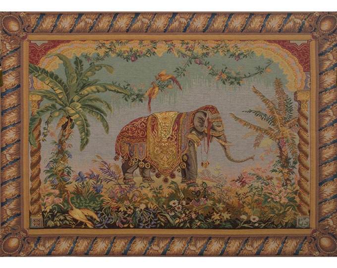 Elephant Tapestry Wall Hanging: French Jacquard Woven Art (41x58 inch)