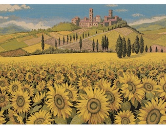 Tuscan Sunflower Wide Landscape European Wall Tapestry - Garden Decorative Wall Art - Yellow Floral Wall Hanging - Jacquard Wall Hanging