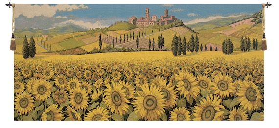 Tuscan Sunflower Landscape Tapestry: Italian Jacquard Wall Hanging (25x53 inch)
