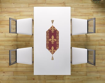 Fleur De Lys Red Tapestry Table Runner 12x38 inch - Elegant Regal Red & Gold Design - Classic Fleur De Lis Home Accent