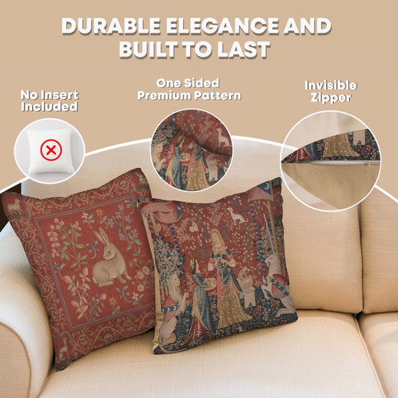 Lady and the Unicorn Medieval Tapestry Cushion Cover - 14x14 Inch Decorative Woven Pillow Case