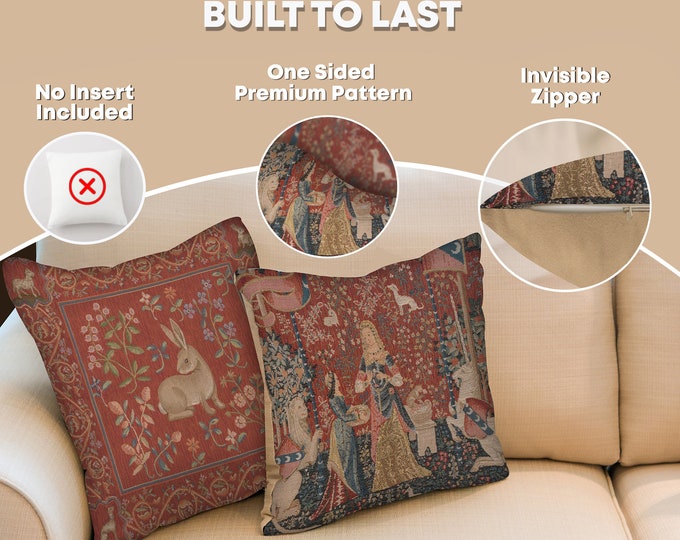 Lady and the Unicorn Medieval Tapestry Cushion Cover - 14x14 Inch Decorative Woven Pillow Case