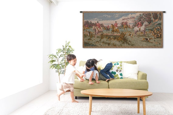 French Medieval Hunting Scene Jacquard Tapestry: Large Bohemian Wall Art Decor (29x64  inch)