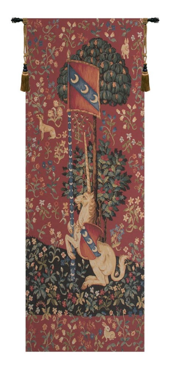 Medieval Unicorn Portiere: European Millefleurs Wall Tapestry, Belgian Woven Decorative Art Hanging