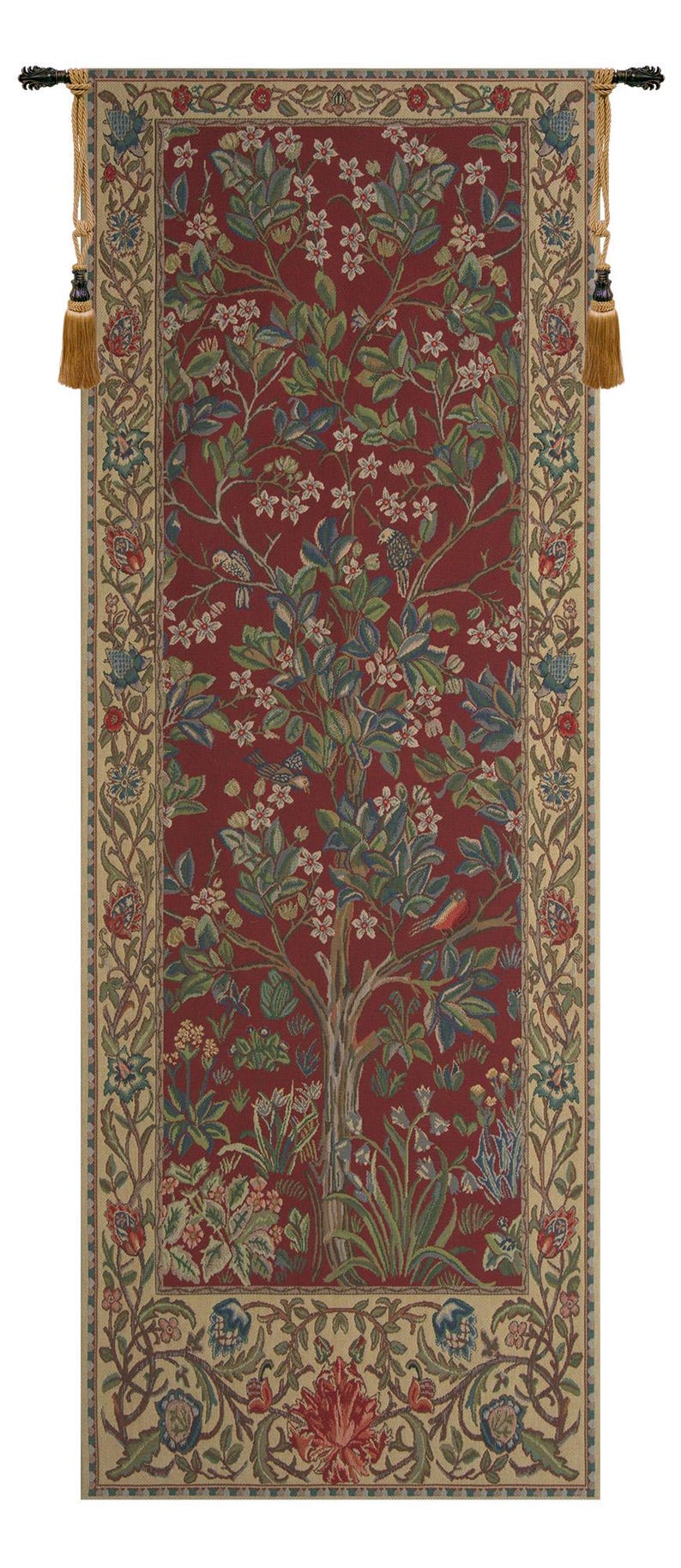 William Morris Tree of Life red tapestry wall hanging with botanical design, Belgian jacquard woven textile decor for vintage interiors.