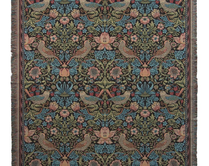 William Morris Strawberry Thief Tapestry Throw: Belgian Woven Blanket (60x60 inch)