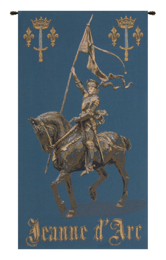 Jeanne d'Arc European Wall Tapestry - Medieval Wall Decor Art - Woven Belgian Wall Tapestry - Blue Background Horse Lover Wall Hanging