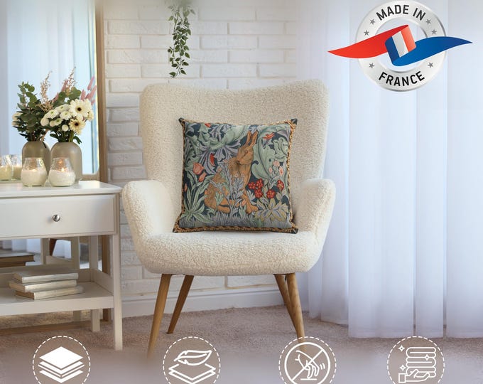 William Morris Rabbit Tapestry Pillow Cover: Jacquard Woven Cotton Cushion (19x19 inch)