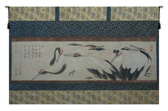 Elegant European Crane Birds Wall Tapestry - Belgian Woven Fabric Art for Home Decor