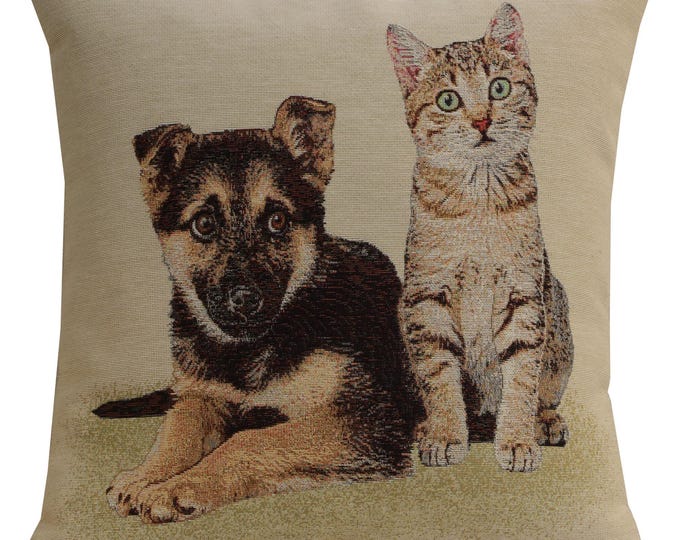 Cat and Dog Tapestry Cushion Cover: Besties for Life Throw Pillow (18x18 Inch)