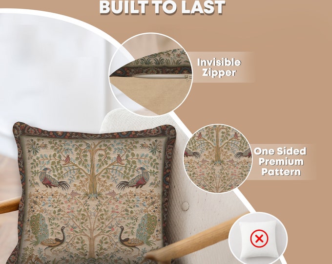 Woven Tapestry Pillow Cover: Cream Tree of Life Cushion - 19x19 inch