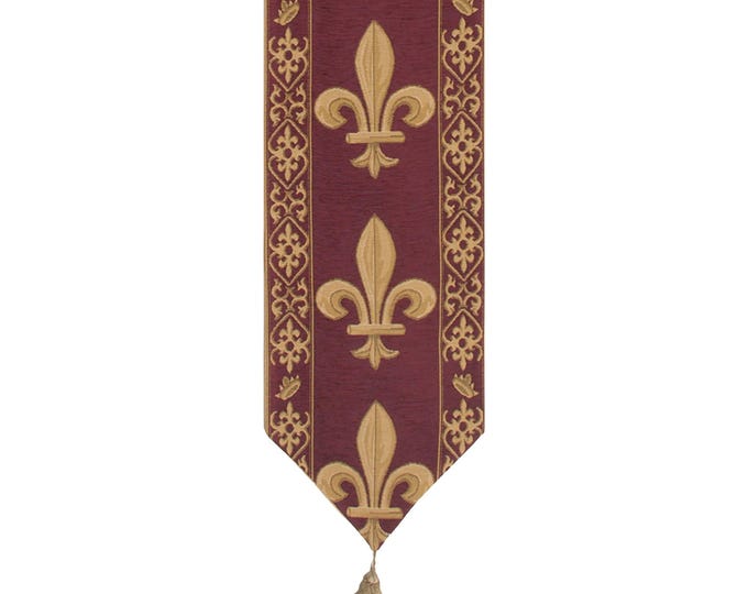 Fleur de Lys Tapestry Table Runner: Belgian Woven Cotton, 78x12 Inch