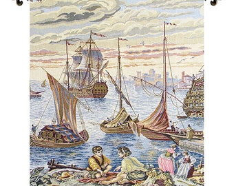 Barconi European Wall Decorative Tapestry - Coastal Wall Decor Art - Historical Lake and Boats Italian Wall Tapestry - Jacquard Woven Art