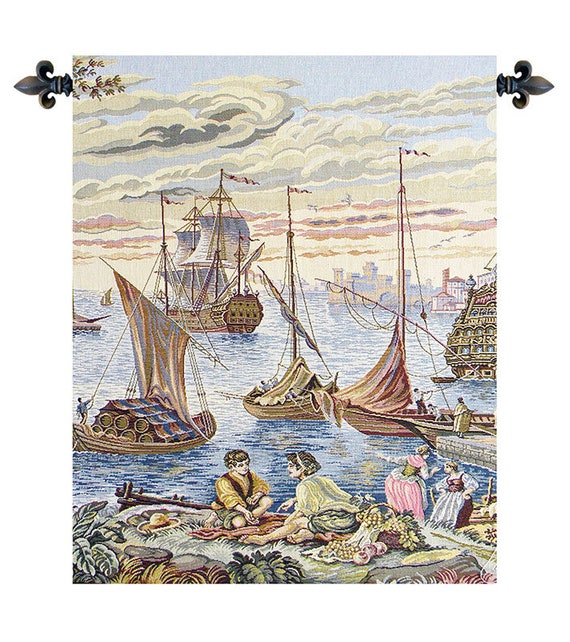Italian Jacquard Woven Tapestry: 18th Century Venetian Port Art