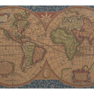 Medieval World Map Tapestry: Blue Millefleurs Woven Wall Hanging (25x45 inch)