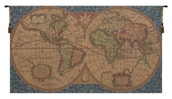 Medieval World Map Tapestry: Blue Millefleurs Woven Wall Hanging (25x45 inch)