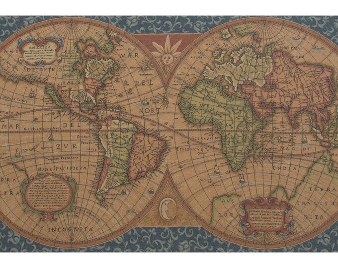 Medieval World Map Tapestry: Blue Millefleurs Woven Wall Hanging (25x45 inch)