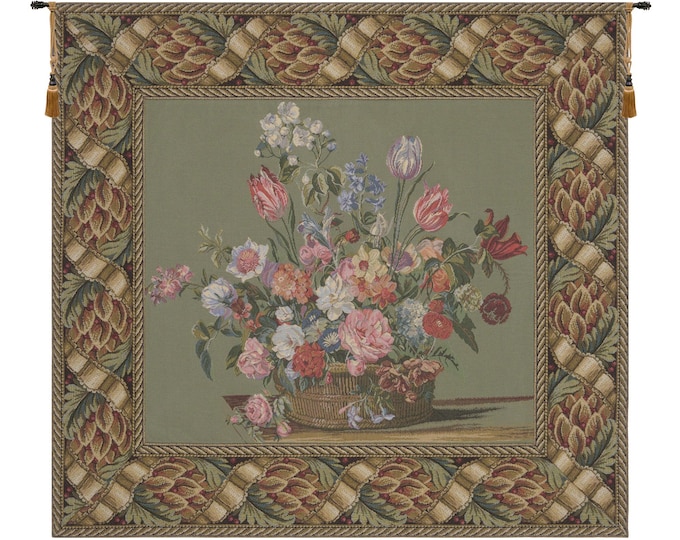 Vintage Belgian Jacquard Floral Basket Woven Wall Tapestry Art Hanging Decor