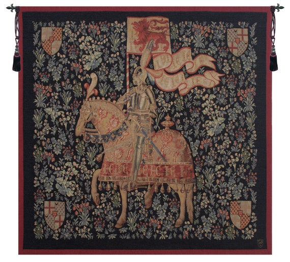 Le Chevalier I: Medieval Knight European Wall Tapestry - Millefleurs Jacquard Woven Art Hanging