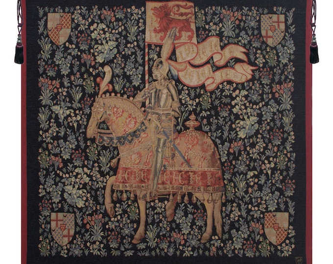 Le Chevalier I: Medieval Knight European Wall Tapestry - Millefleurs Jacquard Woven Art Hanging