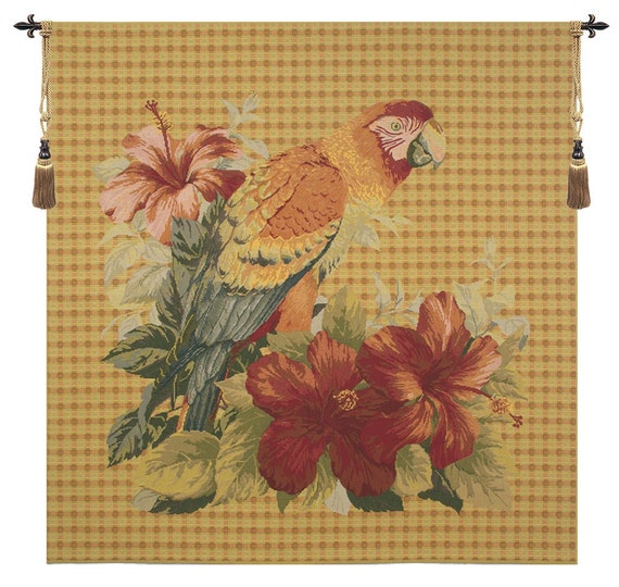 Floral Parrot Tapestry: Jacquard Woven Wall Hanging, 55x55 inch