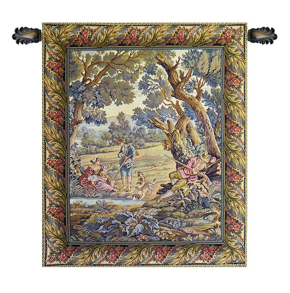 Hunters Resting Tapestry: Italian Jacquard Woven Wall Hanging