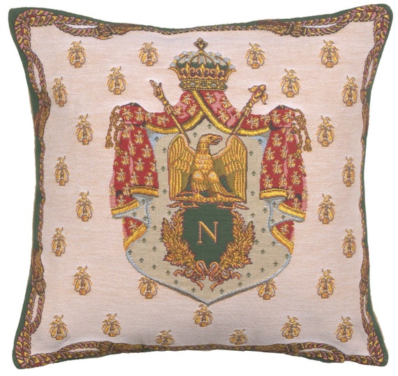 Elegant Napoleon Crest Tapestry Pillow Cover 18x18 Inch - Cream Gobelin Cushion for Housewarming Gifts