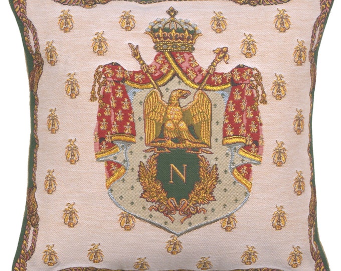 Elegant Napoleon Crest Tapestry Pillow Cover 18x18 Inch - Cream Gobelin Cushion for Housewarming Gifts