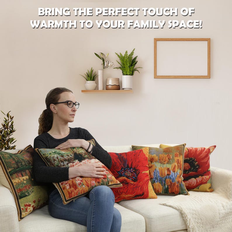 Red Poppy Belgian Tapestry Cushion Cover – Floral Sofa Pillow, 16x16 inch image 9