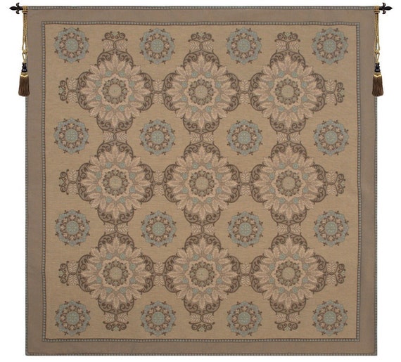 French Medallion Wall Tapestry: Woven Wool & Cotton, 58x58 inch