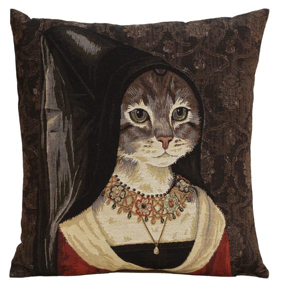 Cat with Hat Tapestry Pillow Cover: Belgian Jacquard Woven Cushion (18x18)