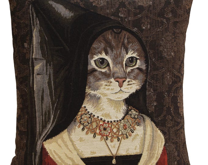 Cat with Hat Tapestry Pillow Cover: Belgian Jacquard Woven Cushion (18x18)