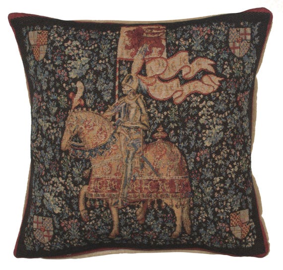 French Tapestry Pillow Cover: Medieval Knight, Floral Woven Cushion (19x19 inch)
