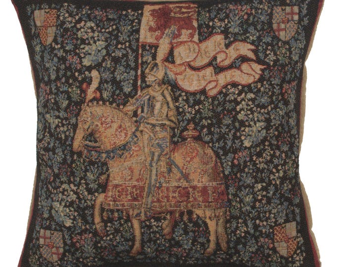 French Tapestry Pillow Cover: Medieval Knight, Floral Woven Cushion (19x19 inch)