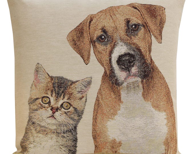 Dog & Cat Tapestry Pillow Cover: Adorable Besties Throw Pillow (18x18 inch)