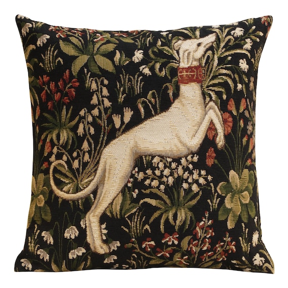 Medieval Belgian Tapestry Cushion Cover: Leaping Hound Design for Elegant Home Decor