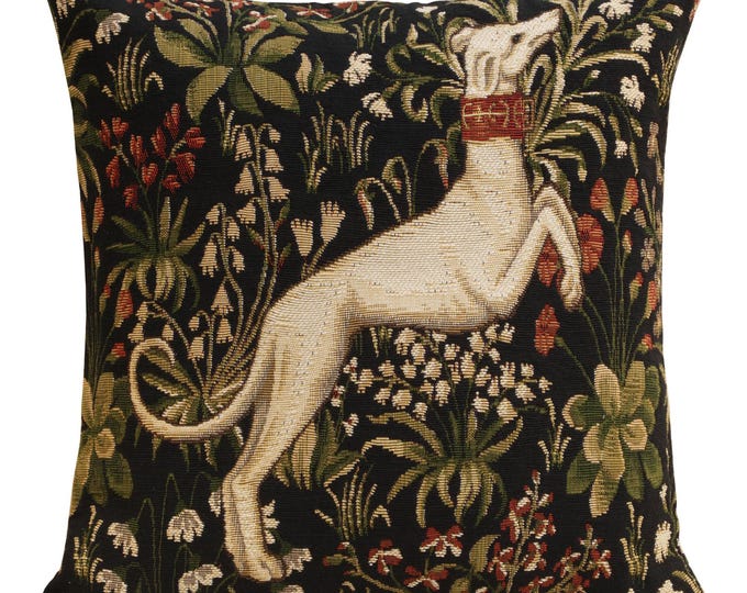 Medieval Belgian Tapestry Cushion Cover: Leaping Hound Design for Elegant Home Decor