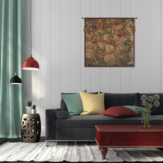 European Red Floral Aristoloches Tapestry - Medieval French Wall Hanging - Decorative Leaves Art Decor